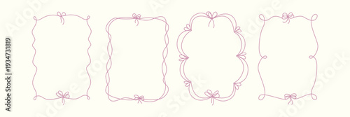 Decorative bow outline frames set. Whimsical curved frames. Cute simple pink elements for cards, packaging, invitation, party design, social media, poster, banner, wedding template, scrapbooking