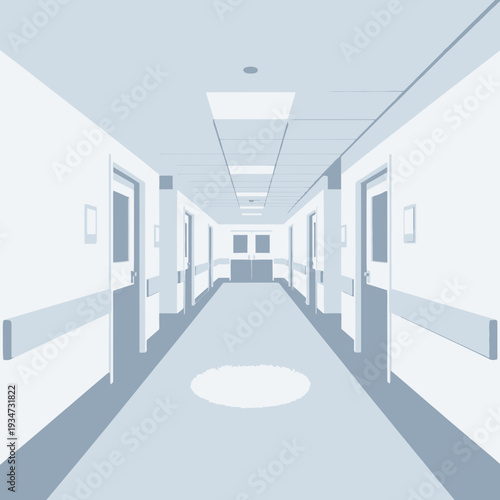 Hospital Corridor Perspective Depicting Doors, Architectural Design, and Empty Space With Color