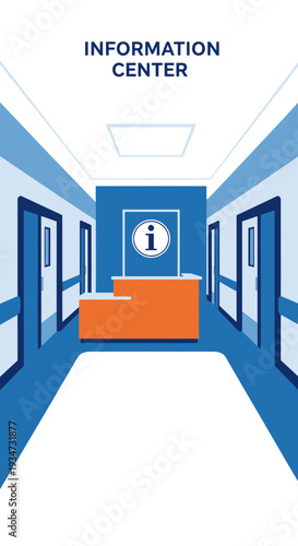 Hospital Corridor Perspective Depicting Information Center And Reception Desk Abstract Vector