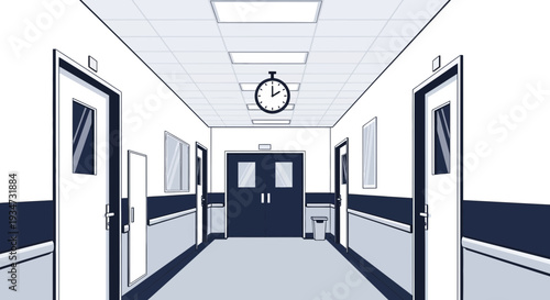 Hospital Corridor Perspective Depicting Doors, Clock, and Architectural Symmetry