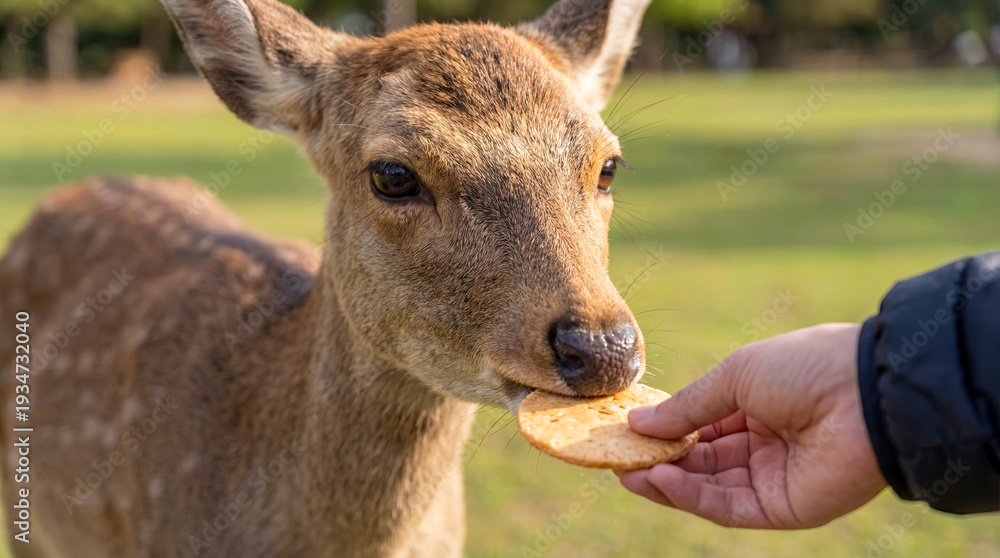 Obraz premium Feeding cute nara deer traditional japanese senbei cracker beautiful wild animal authentic nature wildlife environment outdoor park friendly mammal hungry eating tourist background