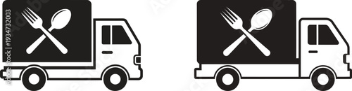 Food delivery trucks with crossed utensils on black background
