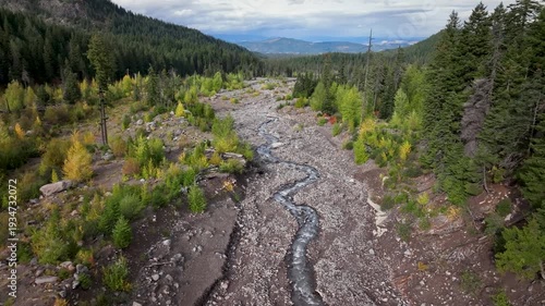 Aerial drone clip over and evergreen forest and river in the American West.