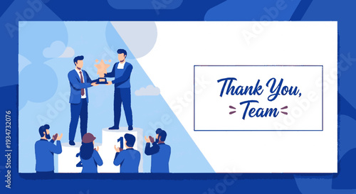 Gratitude and teamwork colleagues exchanging gifts and appreciation in a modern workplace setting with blue theme