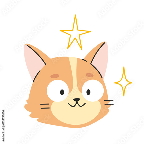 Cute surprised cat emoji with sparkles. Meme style kitten face. Trendy modern vector illustration isolated on white background, hand drawn, flat design