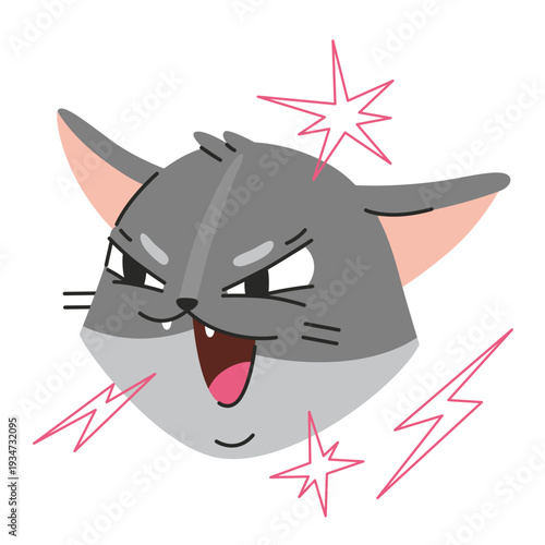 Angry cat emoji sticker with expressive face and dramatic sparks. Stylized meme kitten. Trendy modern vector illustration isolated on white background, hand drawn, flat design