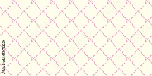 Seamless vector pattern with pink bows in diamond grid. Ribbon coquette bow geometric lattice background. Ideal for textile, wrapping paper, stationery, nursery decor, wallpaper