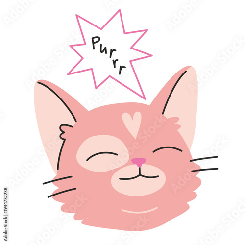 Happy purring cat emoji with closed eyes and soft expression. Meme inspired kitten sticker.  Trendy modern vector illustration isolated on white background, hand drawn, flat design