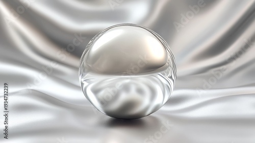 Abstract metallic sphere on smooth silver fabric surface