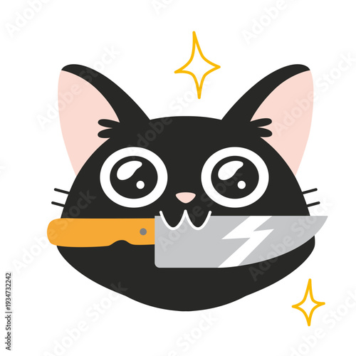 Cute black cat emoji holding a knife with dramatic expression, playful dark humor. Meme style kitten face. Trendy modern vector illustration isolated on white background, hand drawn, flat design