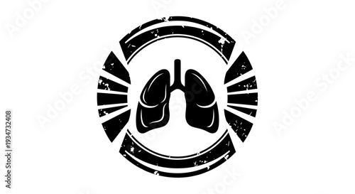 Black Grunge Emblem with Lungs Icon, Symbolizing Respiratory Health and Vitality on Isolated White Background