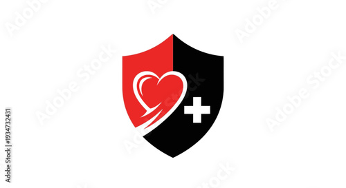 Free Download Red and Black Shield with Heart and Medical Cross Icon, Symbolizing Health Protection and Cardiology Safety on Isolated White Background - GFXLoad