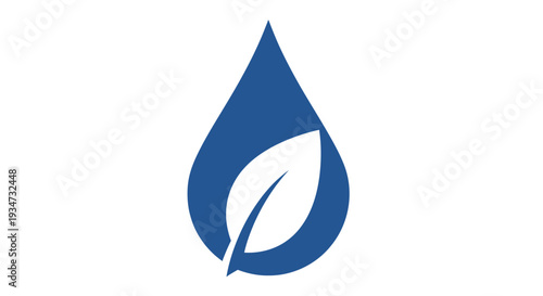 Blue Water Droplet with Green Leaf Inside, Symbolizing Eco-Friendly Water and Natural Resource Conservation on Isolated White Background