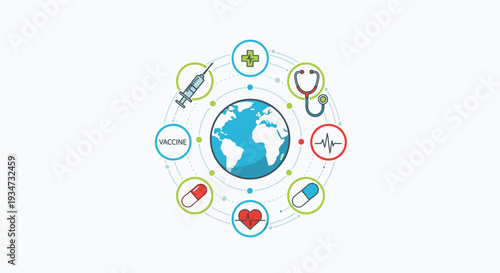 Global Earth Surrounded by Medical and Health Care Icons, Concept of International Healthcare and Wellness on Light Grey Background