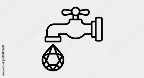 Outline Icon of Faucet Dripping Diamond, Symbolizing Preciousness and Rarity of Water on Isolated White Background