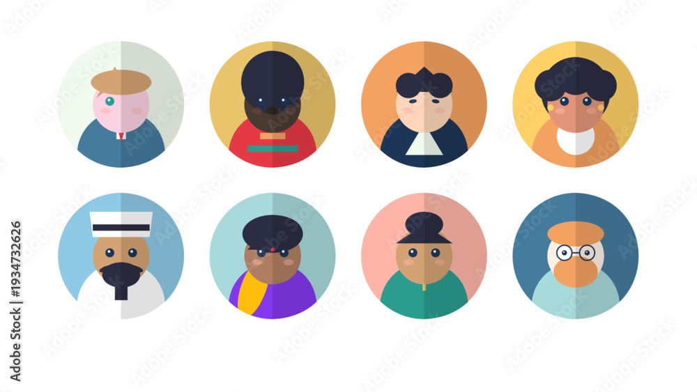 Fototapeta premium A set of eight diverse flat design people avatars in circular icons, perfect for user profiles and character representation in modern web and app interfaces.
