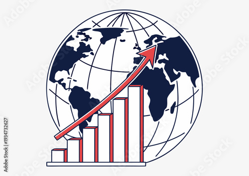 A global business graph and world map showing financial growth and market data arrows on a globe for successful investment progress