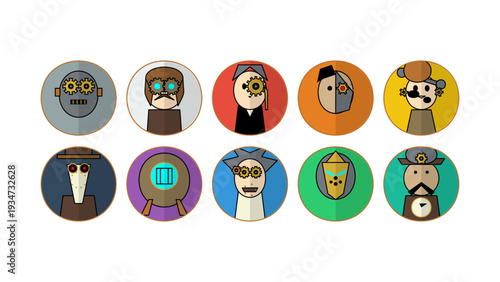 Steampunk character flat vector icon set featuring vintage Victorian mechanical robots, aviators, and inventors with gears and goggles in round colorful frames for game design and web UI assets.