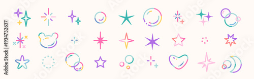 Decorative elements set including rainbow soap bubbles, stars, hearts and sparkles. Iridescent transparent spheres in modern playful style. Trendy vector illustration