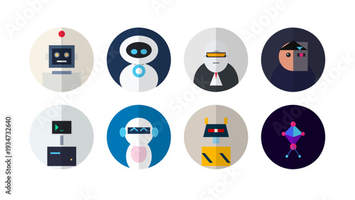 Set of robot flat design icons vector featuring cyborg avatars, AI characters, tech robotic symbols. Professional futuristic user interface elements for website app development projects.