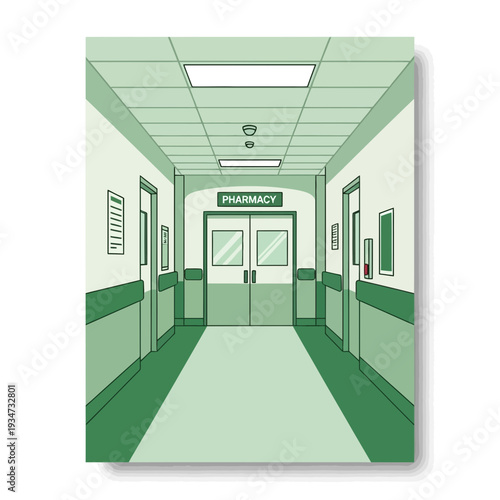 Hospital Corridor Perspective Depicting the Pharmacy Entrance with Green Color Scheme and Clean