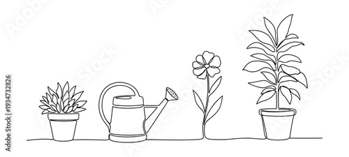 Gardening tools and plants in continuous line drawing style with vector format