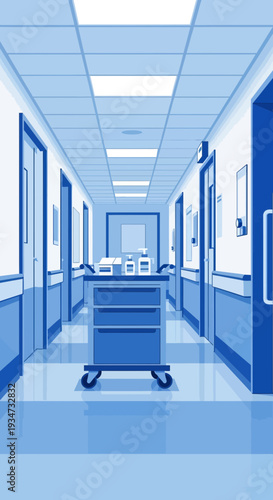 Hospital Corridor Perspective: Illustrative Design of a Medical Facility's Interior Space, Clean