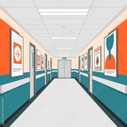 Hospital Corridor Perspective: Illustrative Design of a Medical Facility Pathway with Doors and