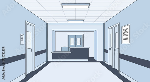 Hospital Corridor Perspective: Illustrative View of Patient Rooms and Reception