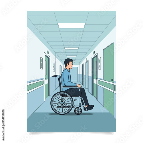 Hospital Corridor Perspective: Patient Navigating a Wheelchair Along the Hallway, Waiting