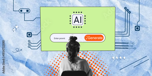 A trendy pop art collage featuring a young woman wearing headphones, sitting in front of a monitor working on a web page, an AI bot generating data, and modeling technology.