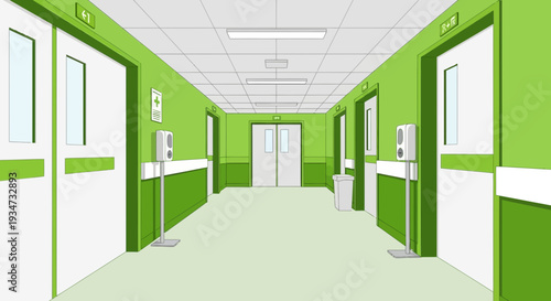 Hospital Corridor Perspective View Featuring Green Tones and Doors in Medical Setting