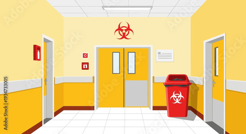 Hospital Corridor With Biohazard Symbol And Safe Disposal Of Hazardous Materials