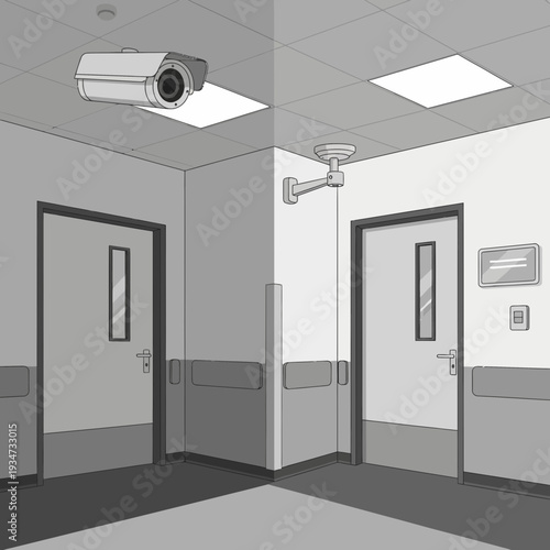Hospital Corridor Surveillance: Architectural Illustration of Interior Security System in Grey Tones