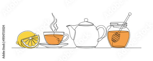Tea time composition with lemon teapot cup and honey jar in line vector format