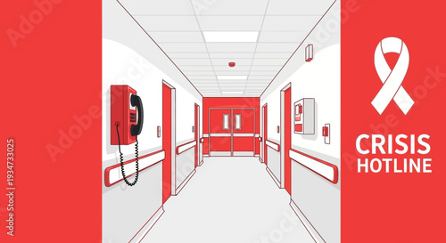 Hospital Corridor With Crisis Hotline Symbol Illustrates Urgent Mental Health Support