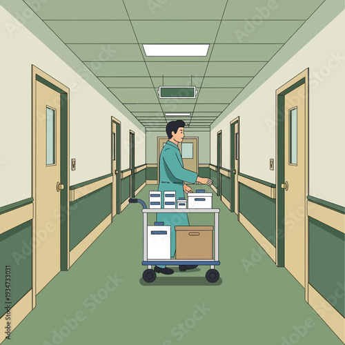 Hospital Corridor View: Medical Staff Pushing Cart, Delivering Supplies Along the Hallway