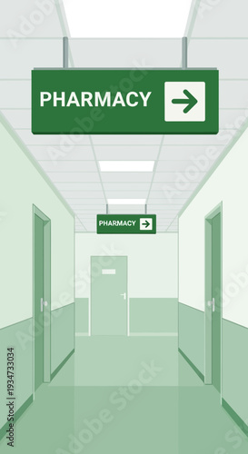 Hospital Corridor With Directional Pharmacy Signs Leading Towards Medical Assistance
