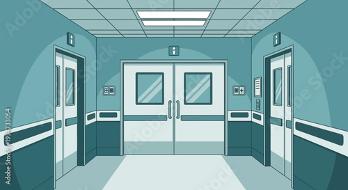 Hospital Corridor With Elevators And Doors, Illustrative Style, Teal Tone, Contemporary Design