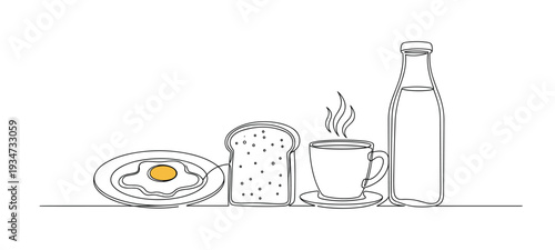 Breakfast set with fried egg bread coffee and milk bottle in line vector style