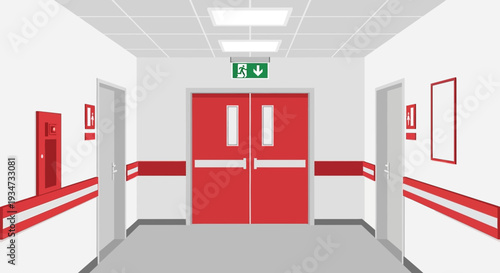 Hospital Corridor With Emergency Exit Door And Lighting Vector Illustration Design