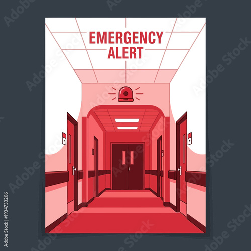Hospital Emergency Alert: A Red-Hued Corridor and Illuminated Alarm System Illustration