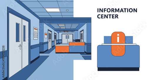 Hospital Hallway Scene Featuring Information Center For Assistance and Guidance