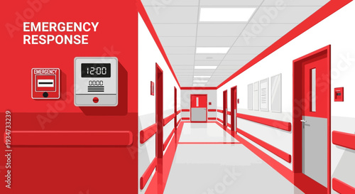 Hospital Emergency Corridor With Fire Alarm And Digital Clock Displays Prompt Response