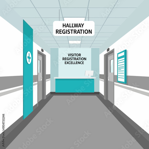 Hospital Hallway Registration Scene with Waiting Area and Modern Interior Design Elements