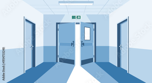 Hospital Hallway Scene Featuring Doors, Exit Sign, And Bright Light, Illustrative