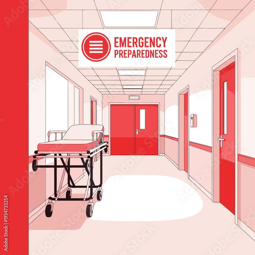 Hospital Emergency Corridor With Stretcher Displaying Emergency Preparedness Signage For Medical