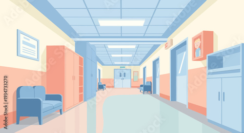 Hospital Hallway Scene With Blue And Peach Tones: Empty Corridor Interior