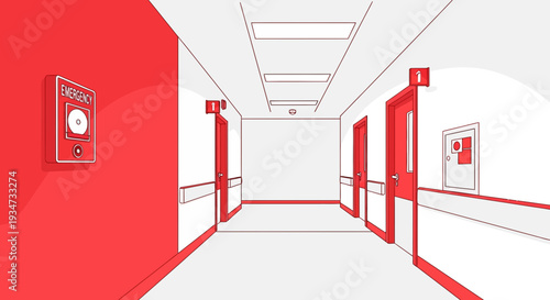 Hospital Hallway Scene With Emergency Button Sign and Red Color Accents Design