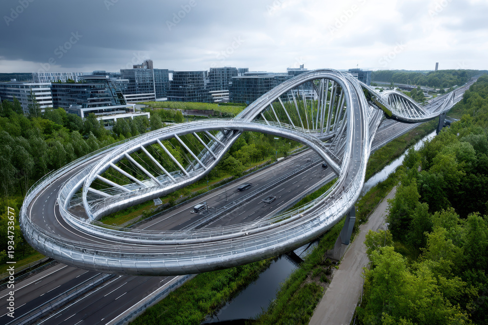 Fototapeta premium Unique design of an elevated bridge connecting urban areas and nature in a modern setting